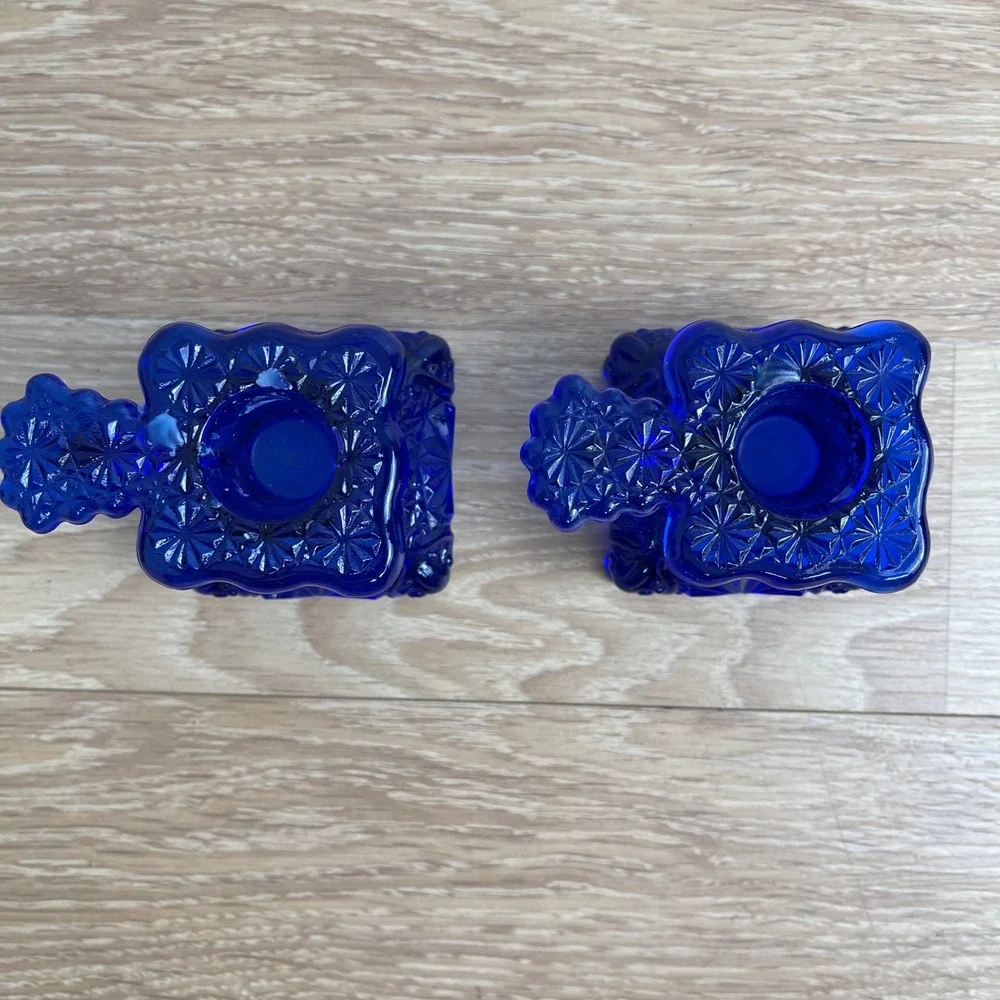 Vintage Cobalt Blue Daisy and Button Glass Candle Holder Pair Finger Loop 3in